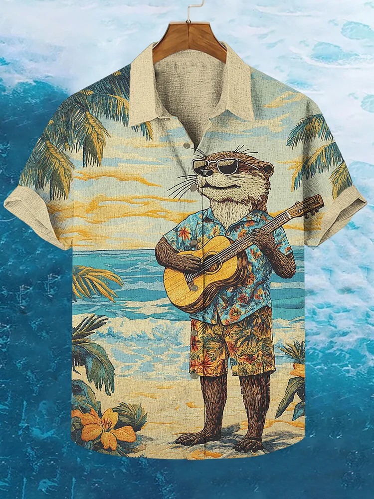 Men's Leisure Hawaiian Vacation Otter Playing Guitar At The Seaside Art Print Shirt