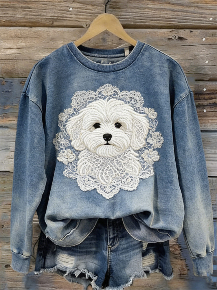 Lovely Fuzzy Dog Lace Art Washed Sweatshirt wearshes