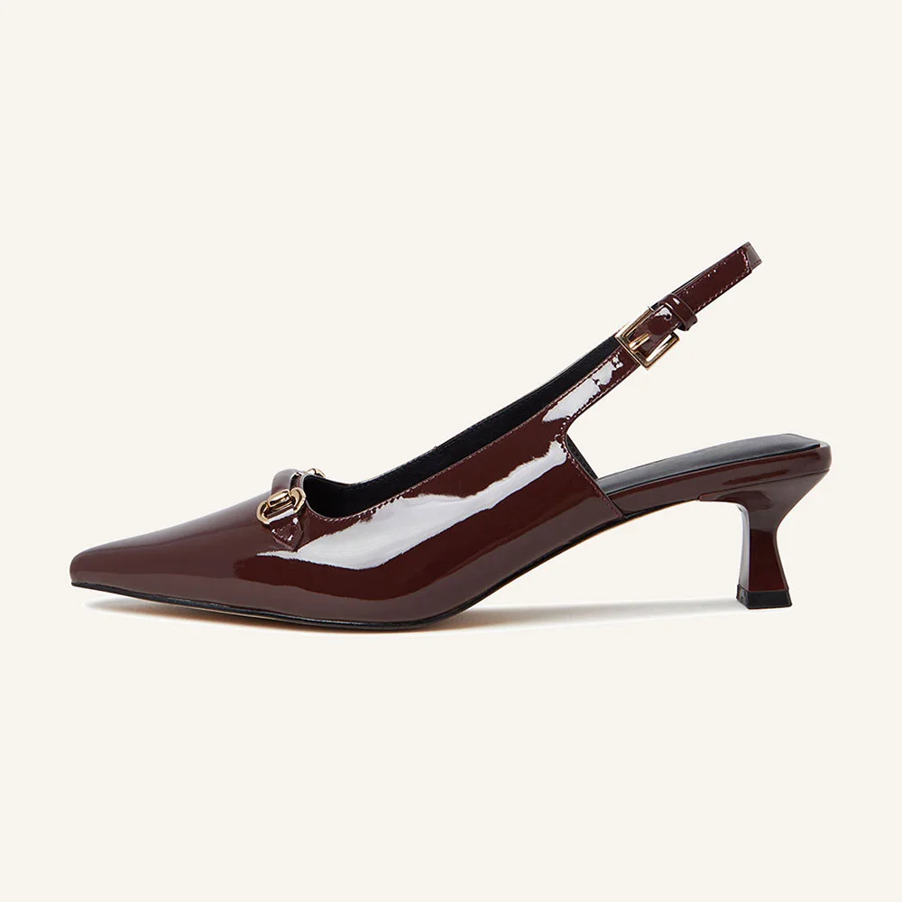 Maroon Patent Leather Pointed Toe Horsebit Decor Slingback Heels
