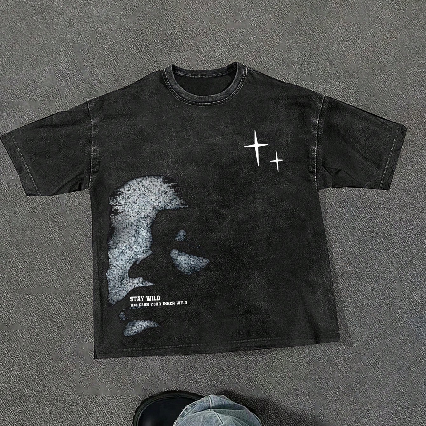 Vintage Portrait Graphic Distressed Acid Wash T-Shirt - SOPULA