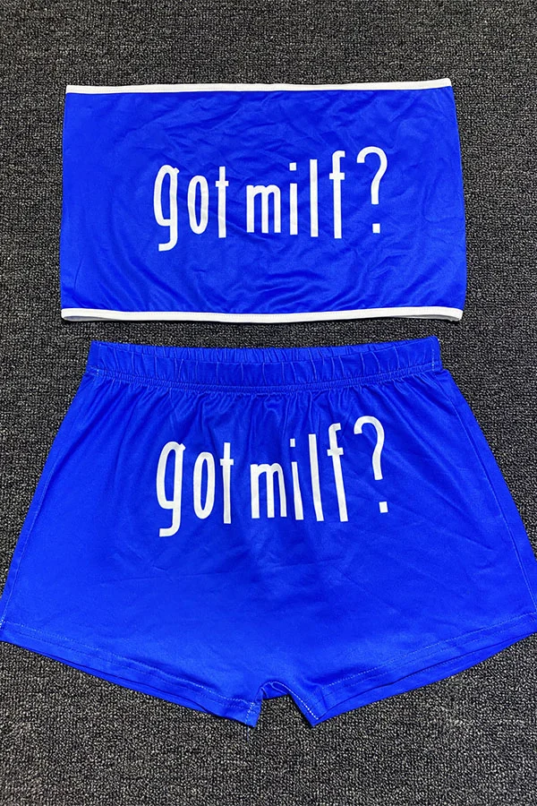 Blue Sexy Polyester Print Strapless Sleeveless Short Two Pieces