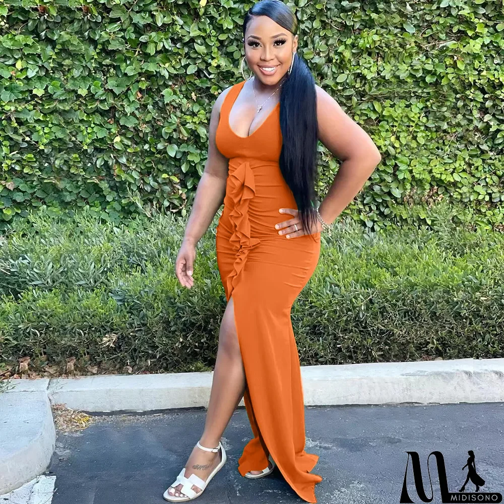 MidiSono - Solid Sleeveless V Neck Ruffled Split Maxi Dress