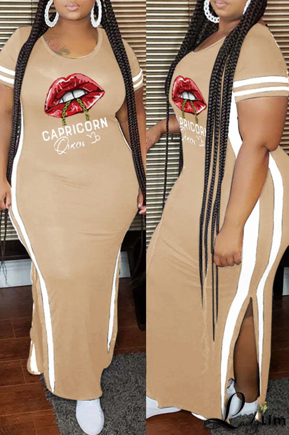 Pink Fashion Casual Plus Size Lips Printed Split Joint Slit O Neck Short Sleeve Dress