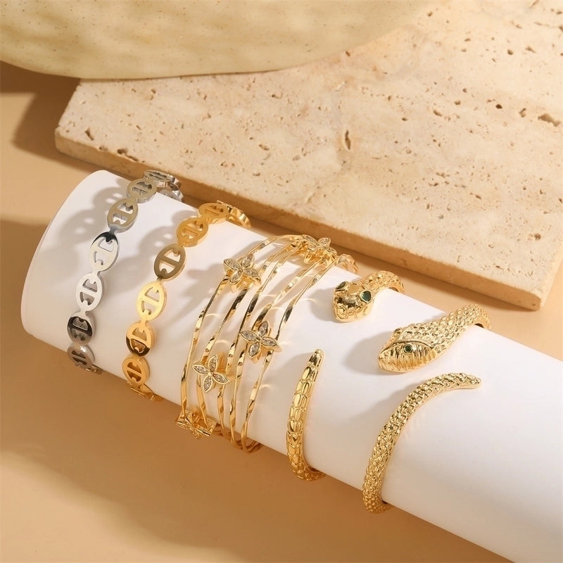 Vintage Style Minimalist Snake Stainless Steel Copper Zircon 14k Gold Plated Bangle