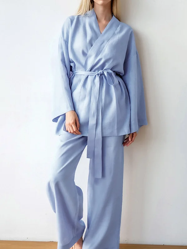 Loose Breathable Flexible Solid Color V-Neck Robes + Pajama Bottom Two Pieces Pajama Set