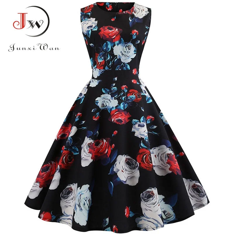 New Autumn Vintage Dresses Women Slim Sleeveless A Line Office Work  Laides Elegant Party  Casual Floral Print Tunic
