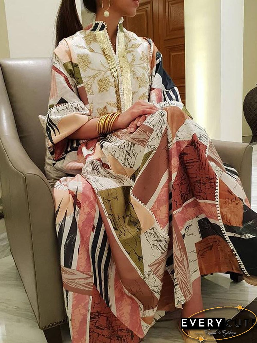 Stand Collar Printed Maxi Dress