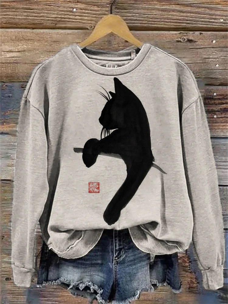 Lovely Black Cat Art Graphic Vintage Cozy Sweatshirt
