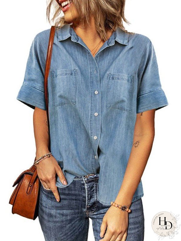 Women's Striped V-Neck Denim Shirt