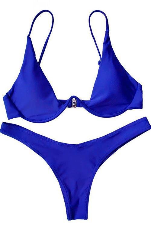 Blue Underwire High Cut Push Up Thong Sexy Bikini Swimsuit-elleschic