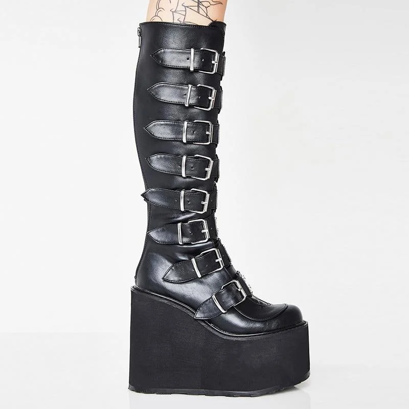 Leather Women Mid-Calf Boots Gothic Style Cool Punk Motorcycles Females Boot Platform Wedges High Heels Calf Boots Women's Shoes 1110-1