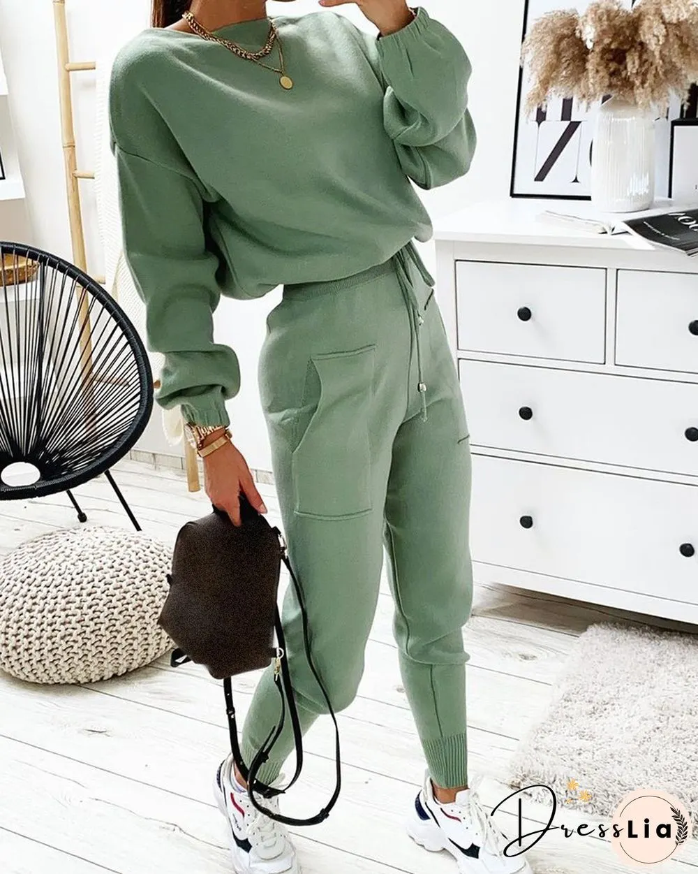 Plain Long Sleeve Top & Drawstring Pants Set