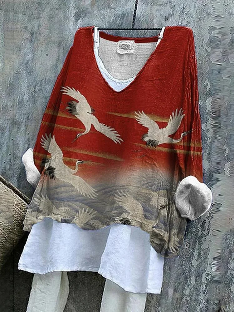 Women's Japanese Art Sakura Crane Loose Casual Shirt