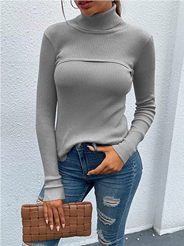 Solid Slim Turtleneck Long Sleeve Pullover Tops