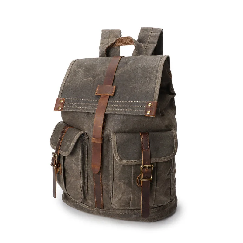 Oil Waxed Canvas Leather Backpack, Casual Laptop Backpack, Vintage Waterproof Shoulder School Bag for Travel