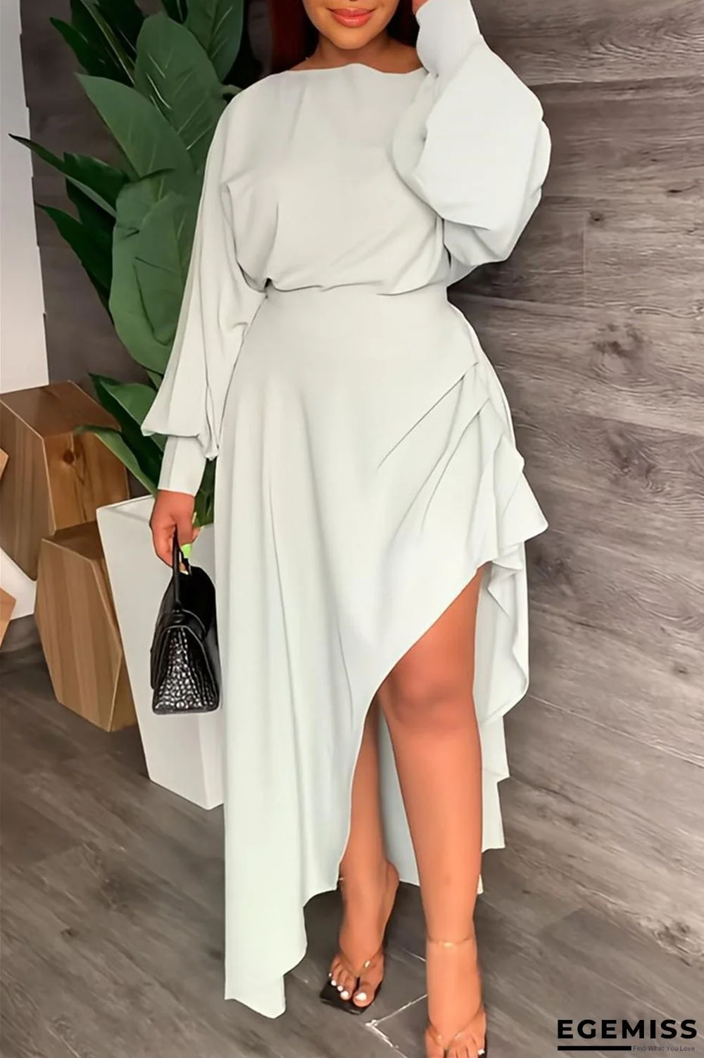 White Casual Solid Slit O Neck Long Sleeve Dresses | EGEMISS