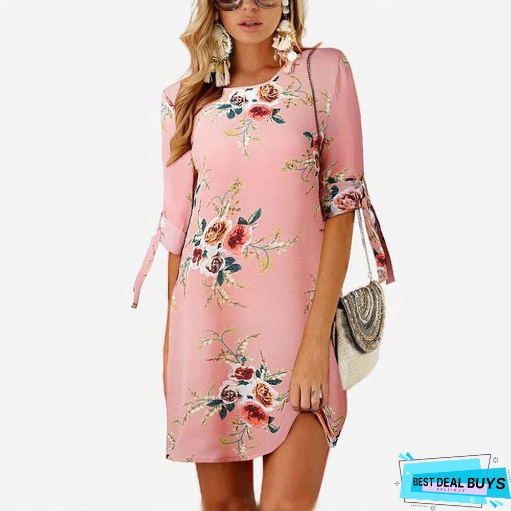 Women Chiffon Floral Print Mini Dress Boho Beach Half Sleeve Elegant Dress Black Dresses