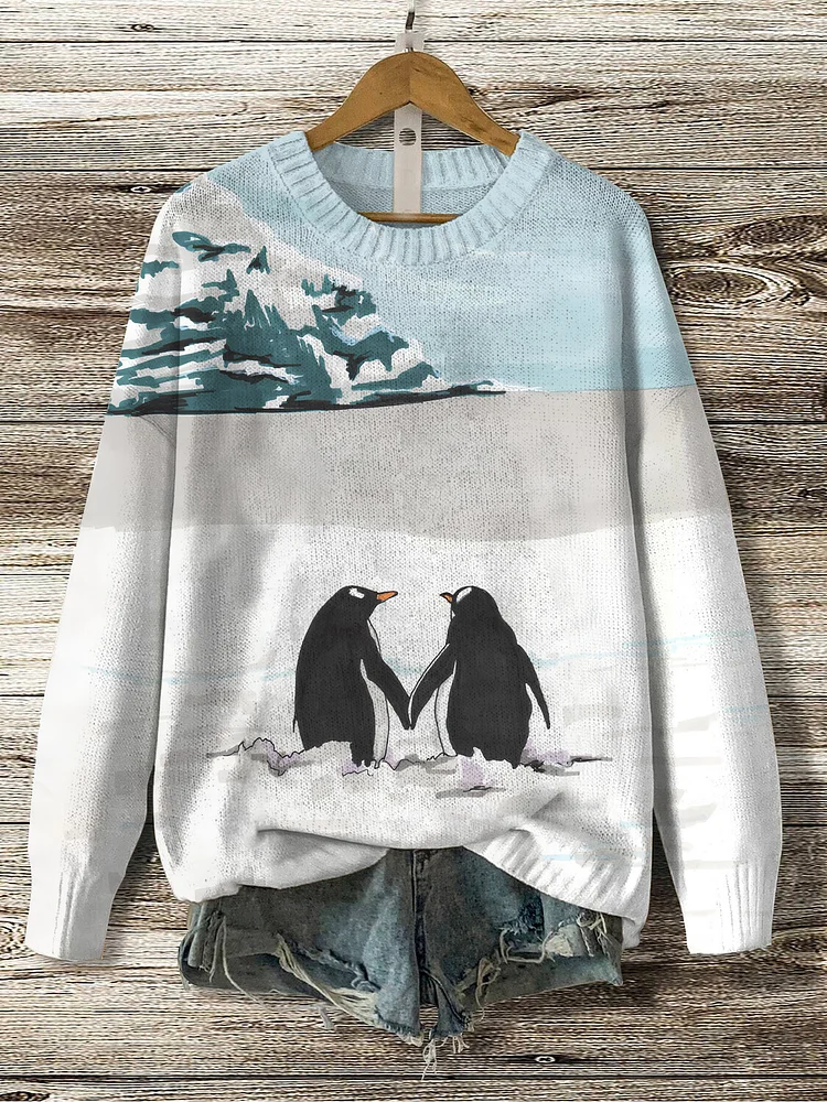 Women's Penguin Couple Art Print Knit Sweatshirt