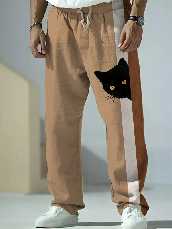 Men's Fun Hide And Seek Black Cat Print Casual Pants