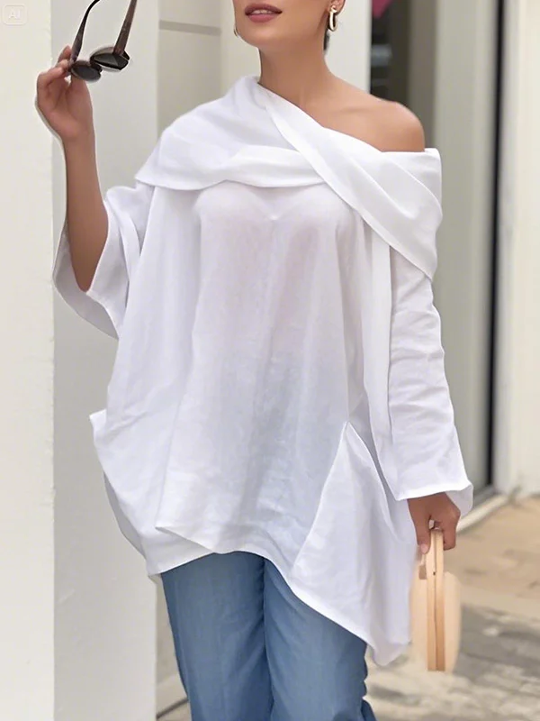 Solid Color See-Through Pockets Asymmetric Loose Long Sleeves Blouses&shirts Tops