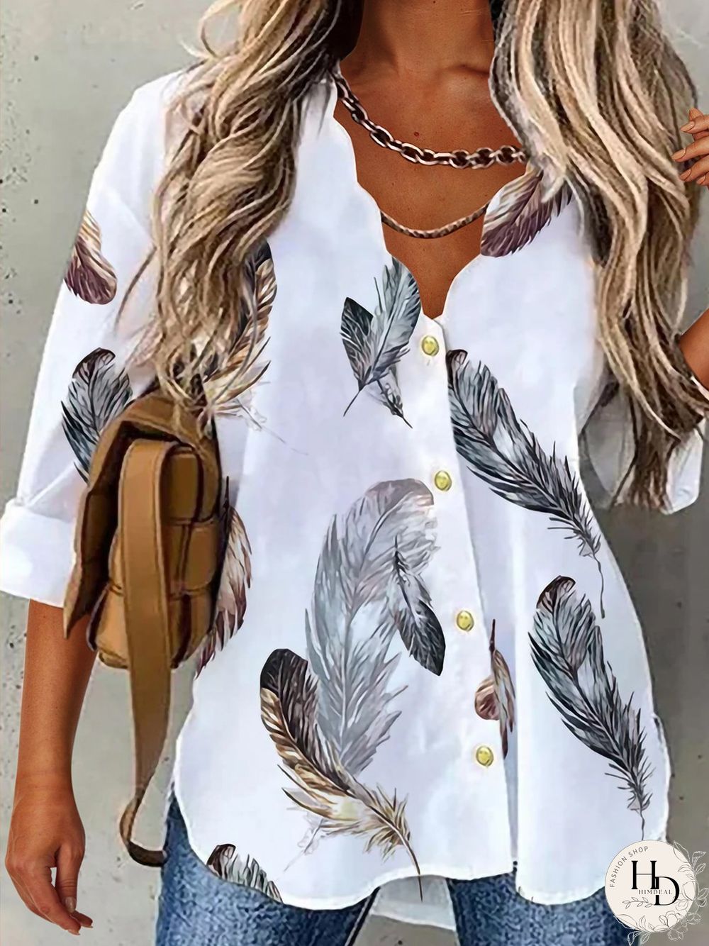 Plus size Casual Feather V Neck Long Sleeve Blouse