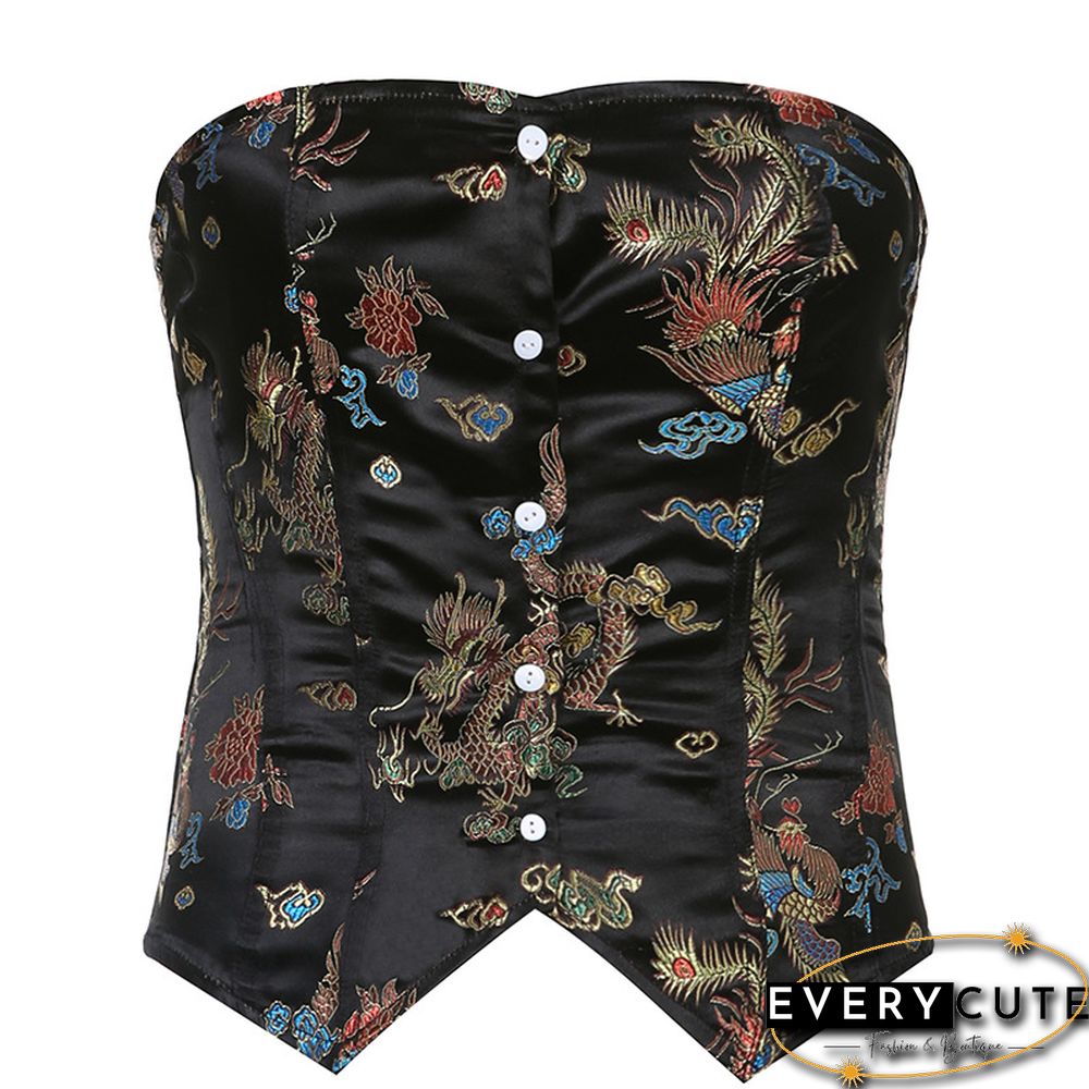 Retro Chinese Dragon Embroidered Contrast Color Wrap Corset Top
