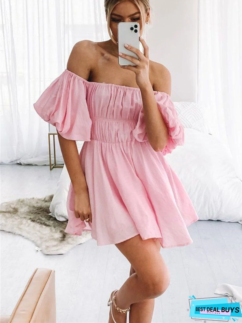 Sexy One-neck Off-the-shoulder Bubble Sleeve Elastic Waist Clear Big Swing Dress