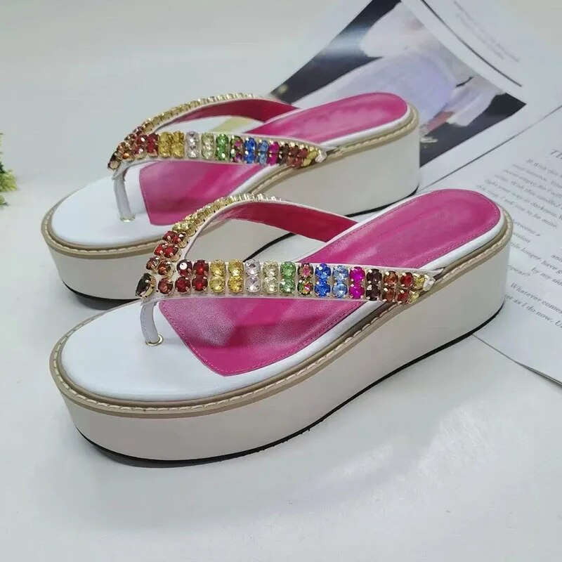 White Platform Wedges Sandals Woman Flip Flops Mixed Color Rhinestone High Heels Lady Slippers