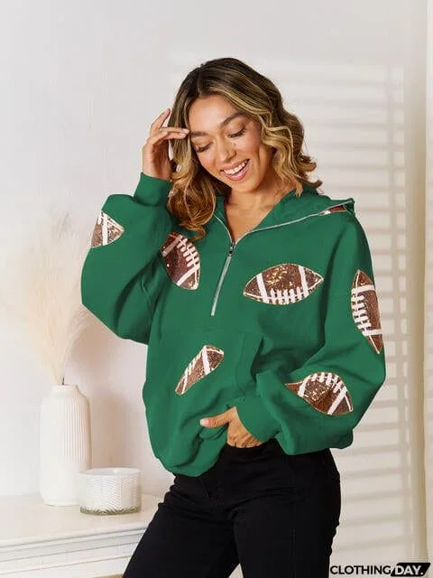 Sequin Football Patch Hal-Zip Hoodie