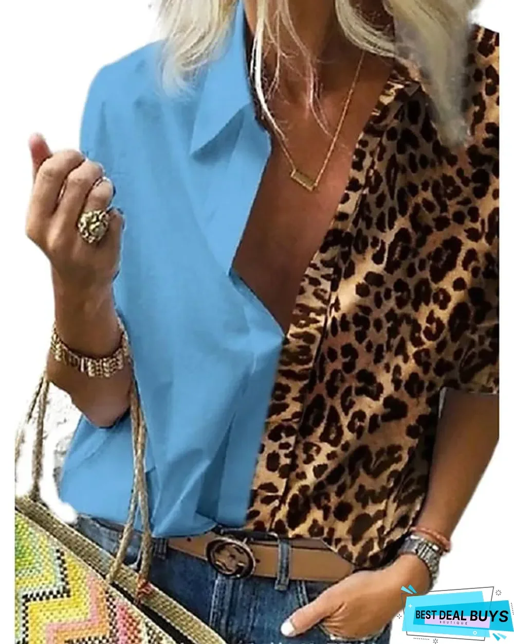 Women's Plus Size Blouse Shirt Leopard Color Block Sexy Long Sleeve Shirt Collar Tops Loose Basic Top White Blue Red-825