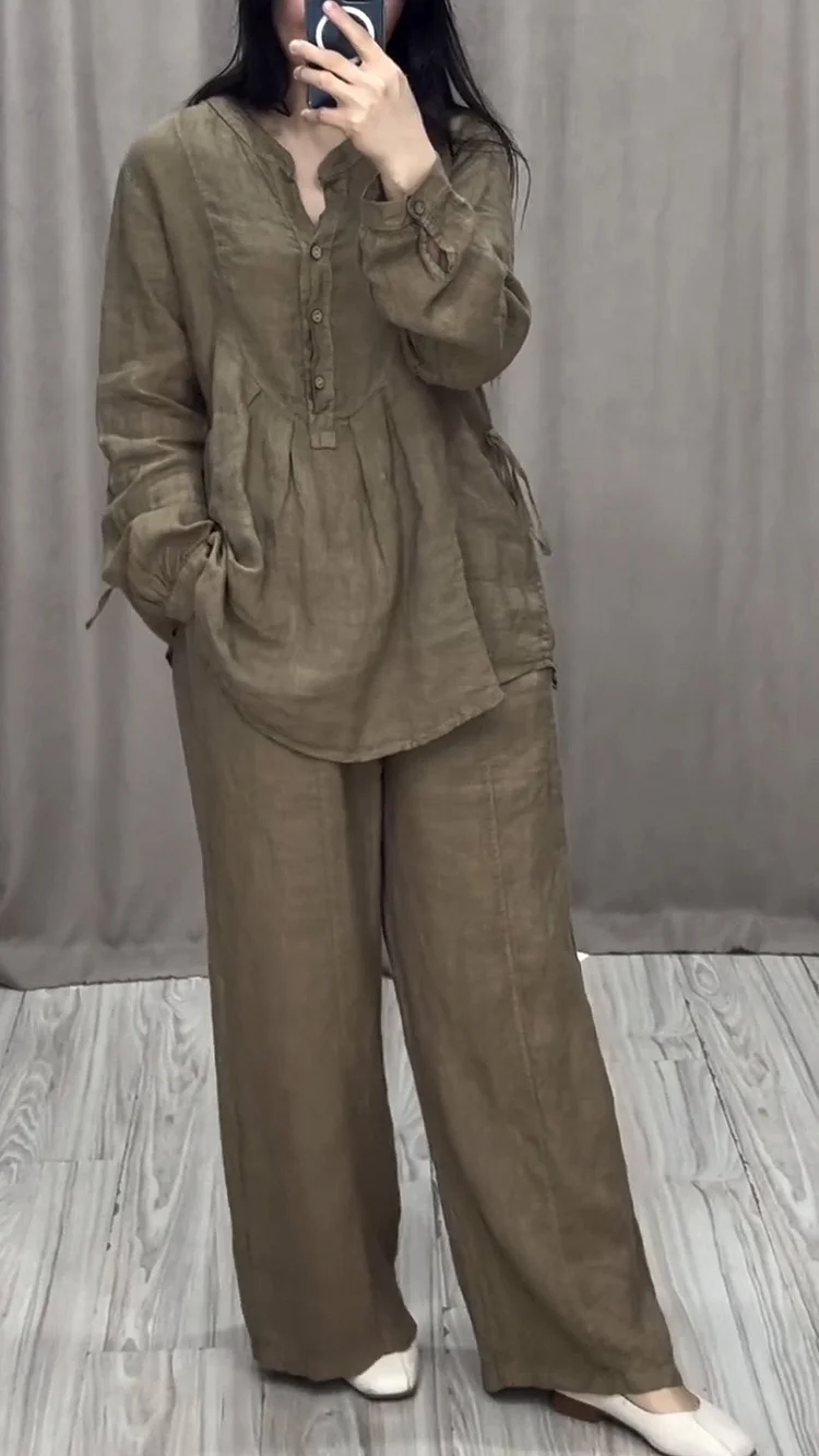 Fashion Solid Color V-neck Long Two-piece Suit
