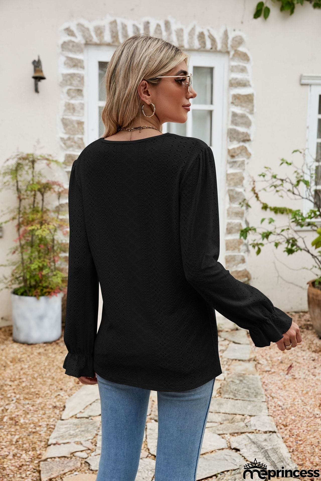Eyelet Lace Trim Flounce Sleeve Blouse
