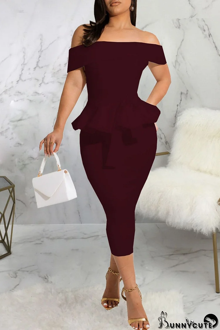 Burgundy Work Elegant Solid Bandage Patchwork Flounce Off the Shoulder Dresses