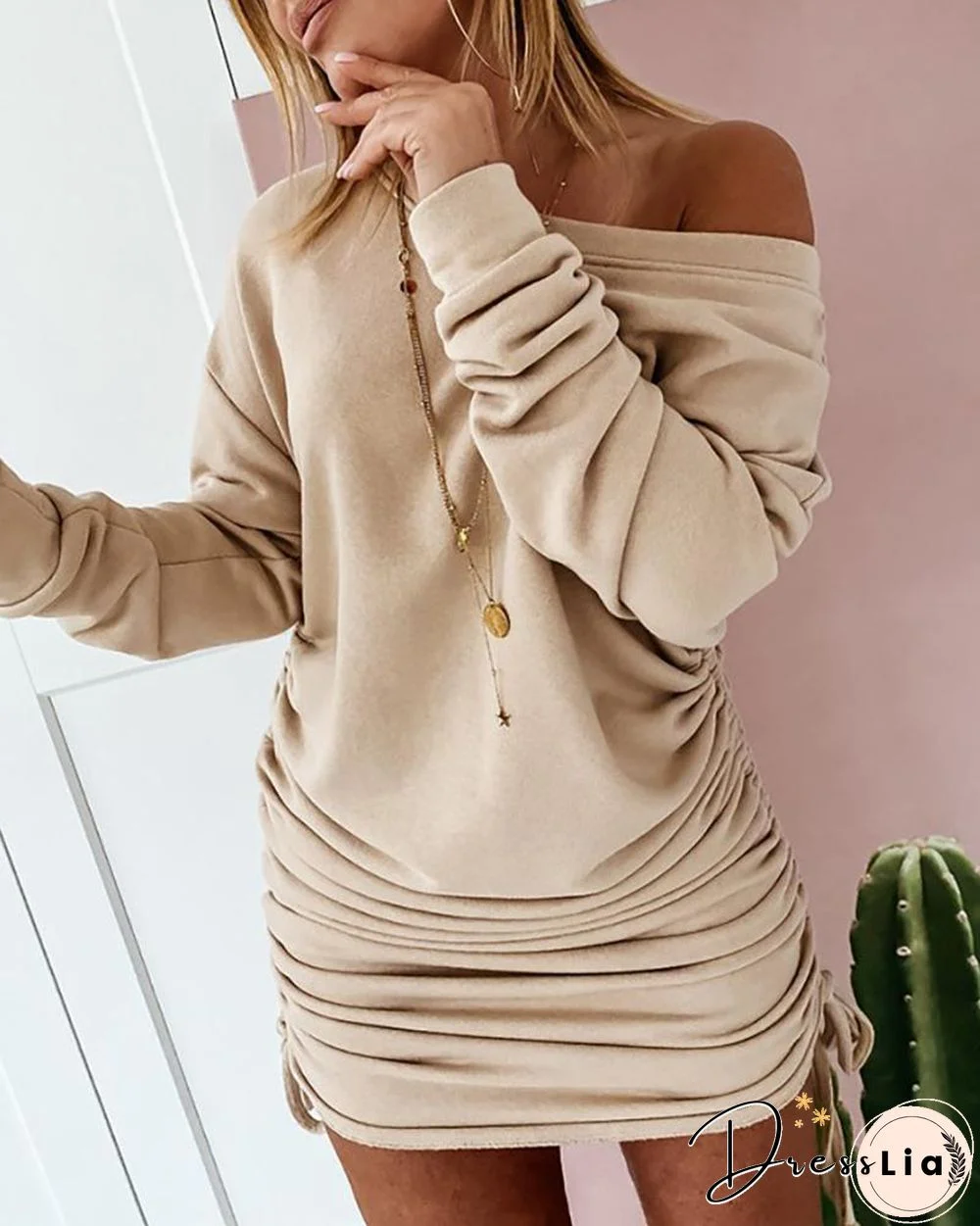 Drawstring Ruched Long Sleeve Dress P11313