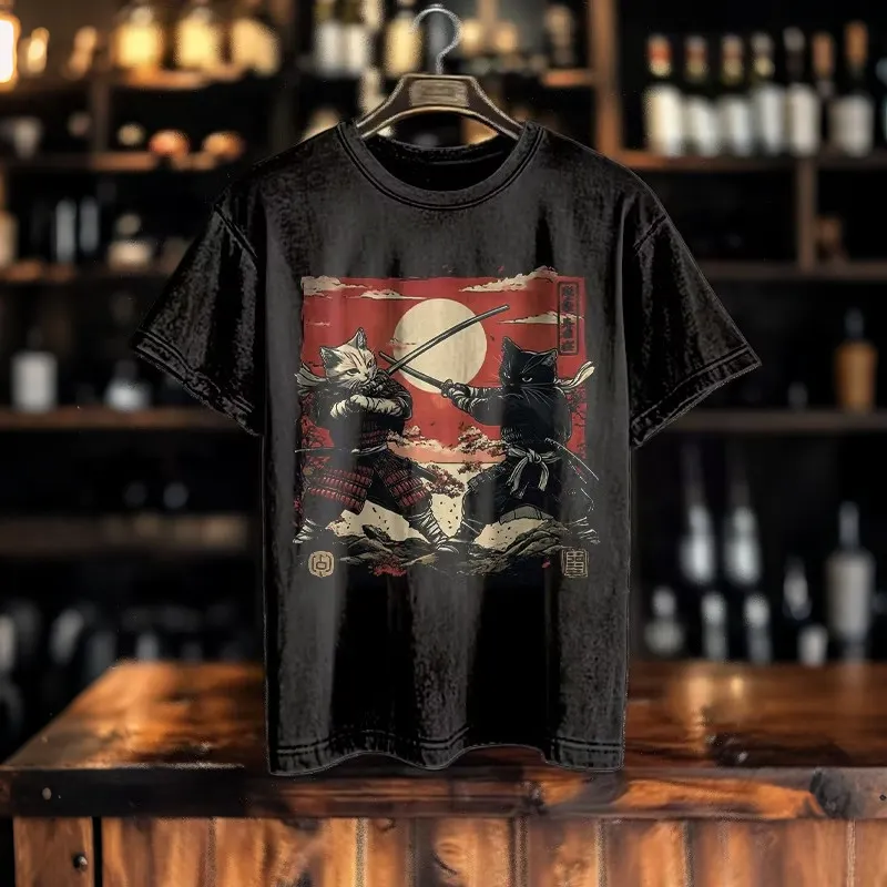 Men's Japanese Cat Samurais Illustration Print Washed T-shirt  artssus