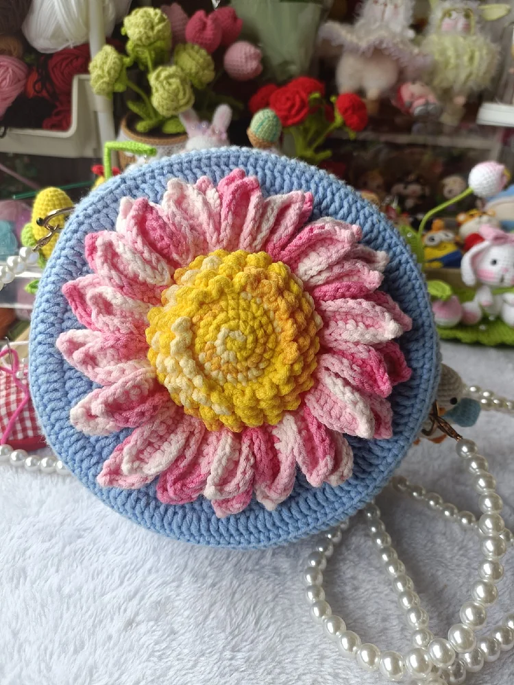Lulusnow Handmade Blue 3D Sunflower Bag Crochet HandBag[Gift:1PC Pearl Bag Strap]-Multiple colors to choose