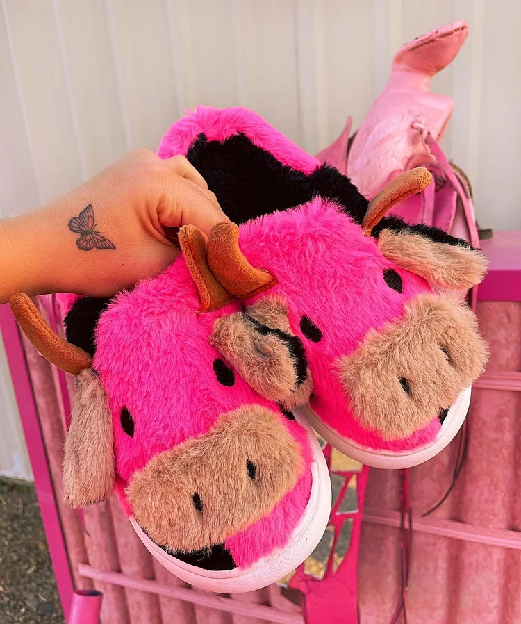 Pink Winter Home Cow Print Slippers