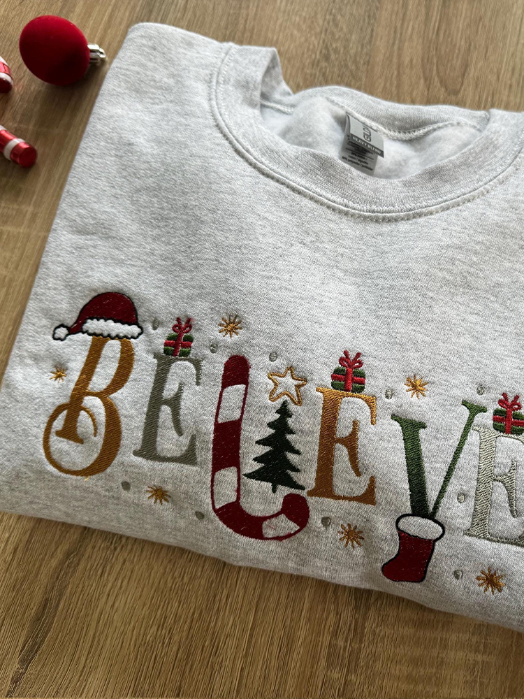 Comstylish Christmas Believe Embroidery Pattern Cozy Sweatshirt