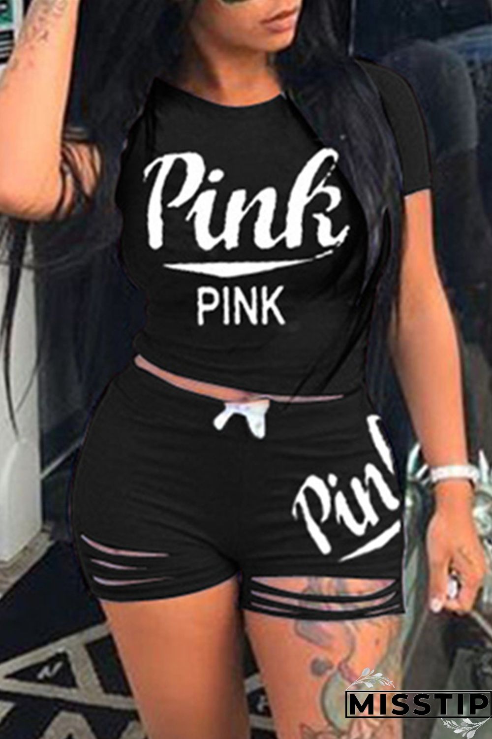 Pink Fashion Casual Letter Print Ripped O Neck Short Sleeve Two Pieces