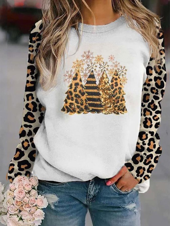 Leopard Christmas Tree Print Casual Sweatshirt