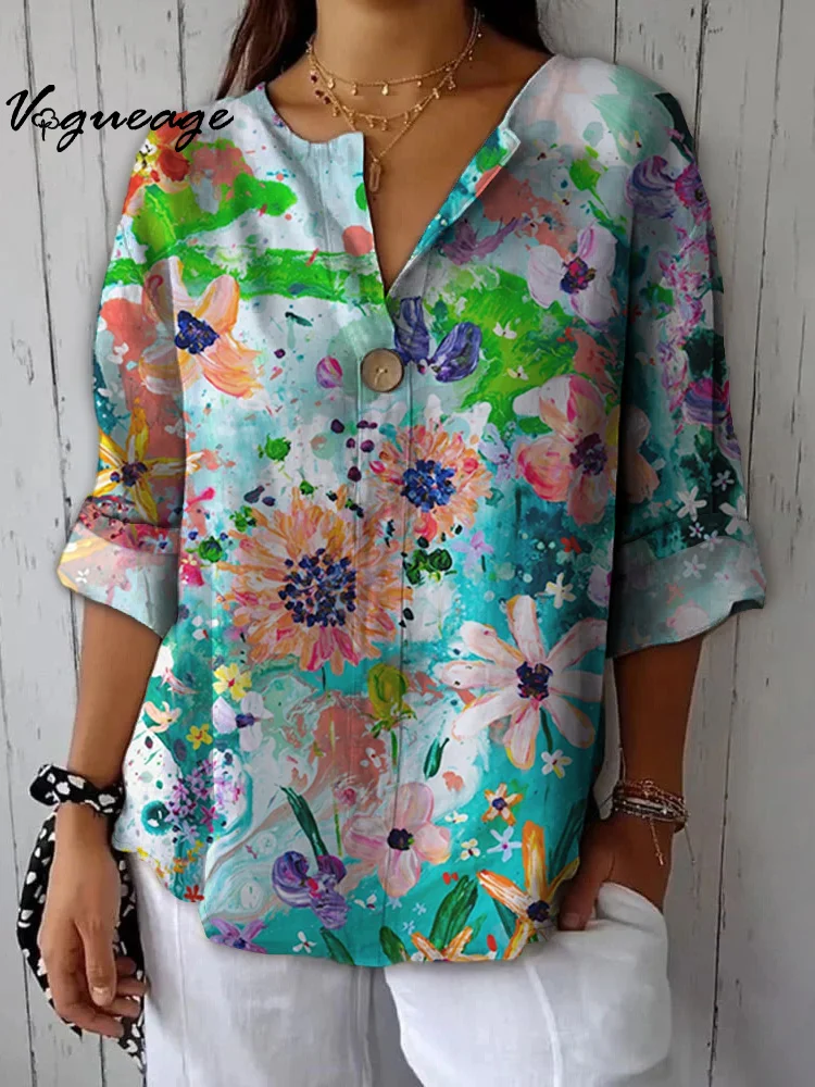 Gentle And Versatile Colorful Flowers Printed Cotton And Linen Shirt