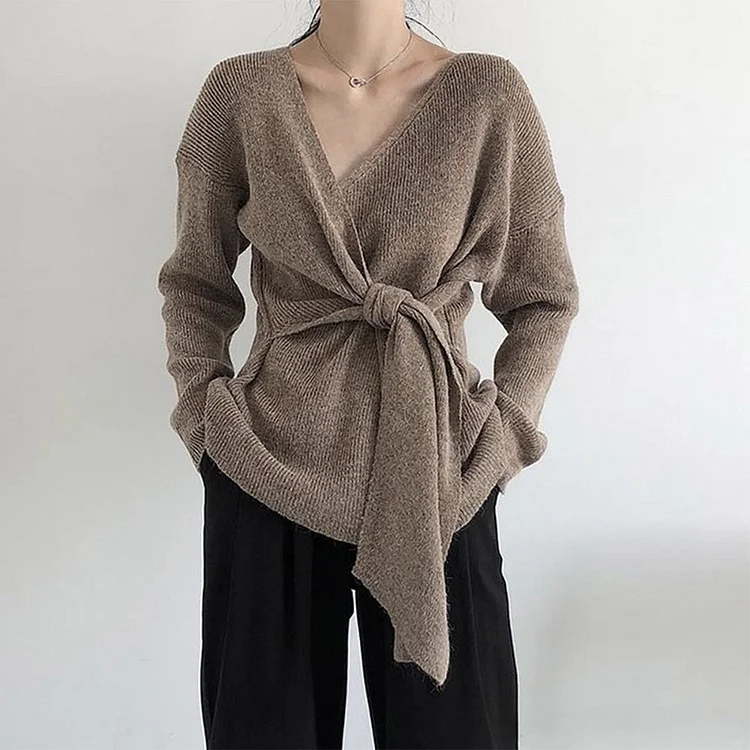 Brown Plain Long Sleeve Sweater