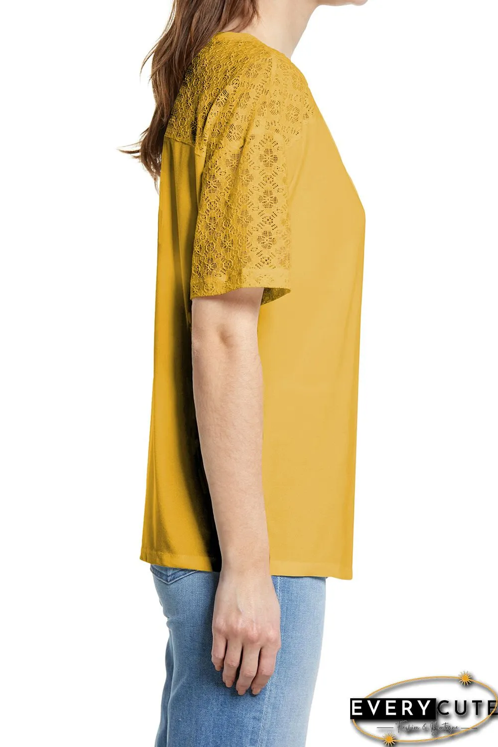 Yellow Plain Lace Stitching Short Sleeve Tee