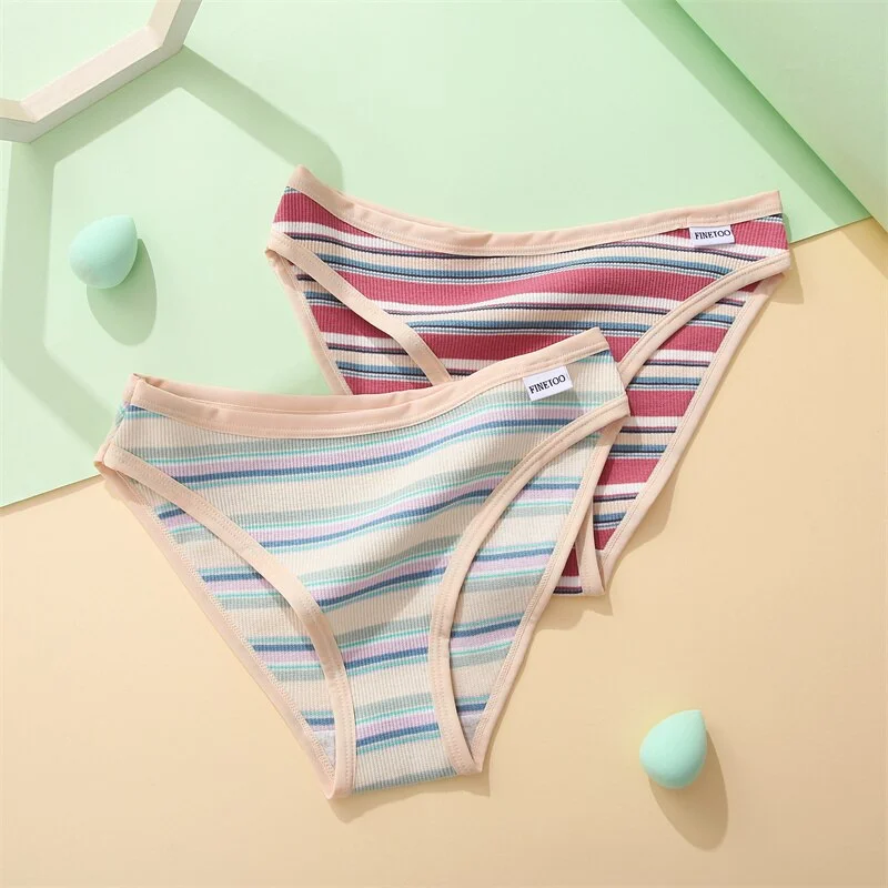 Billionm 2PCS/Set Women's Cotton Panties Stripe Briefs Low Waist Underwear Breathable High Elasticity Panty Female Soft Lingerie
