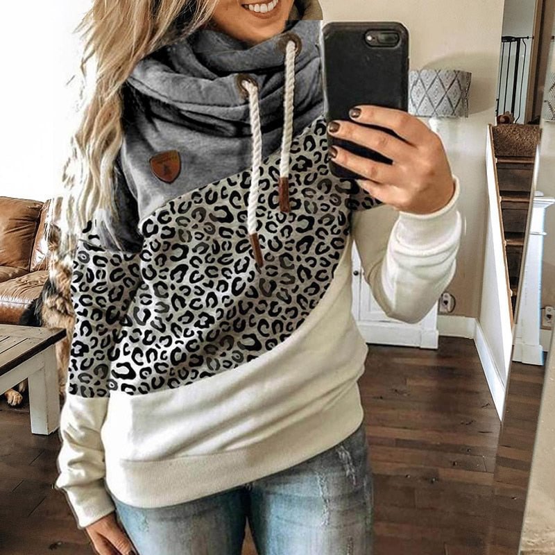 Winter Leopard Print Sweatshirts Women Casual Turtleneck Long Sleeve Hoodies Fashion Drawstring Patchwork Female Pullovers Tops