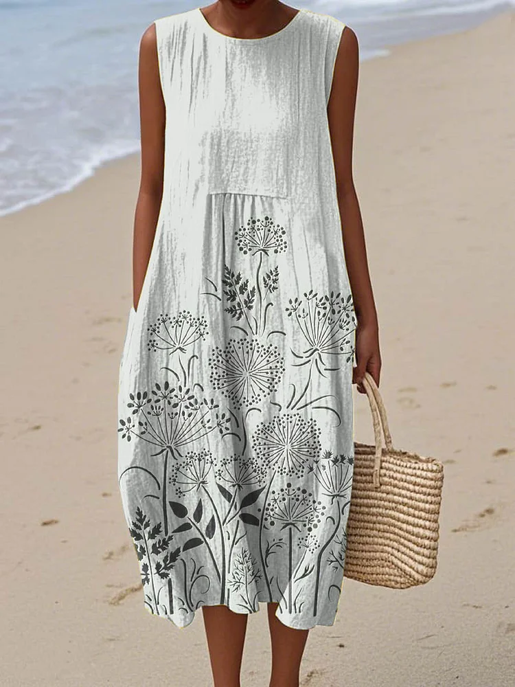 Women's Vintage Lovely Floral Pattern Art Print Sleeveless Cotton Pocket Wrap Dress