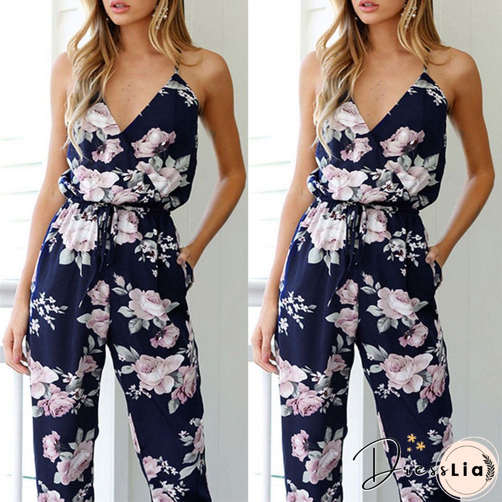 Women Jumpsuit Sleeveless Strappy V-Neck Floral Romper Overalls Fashion Summer Ladies Backless Pencil Trousers Jumpsuit