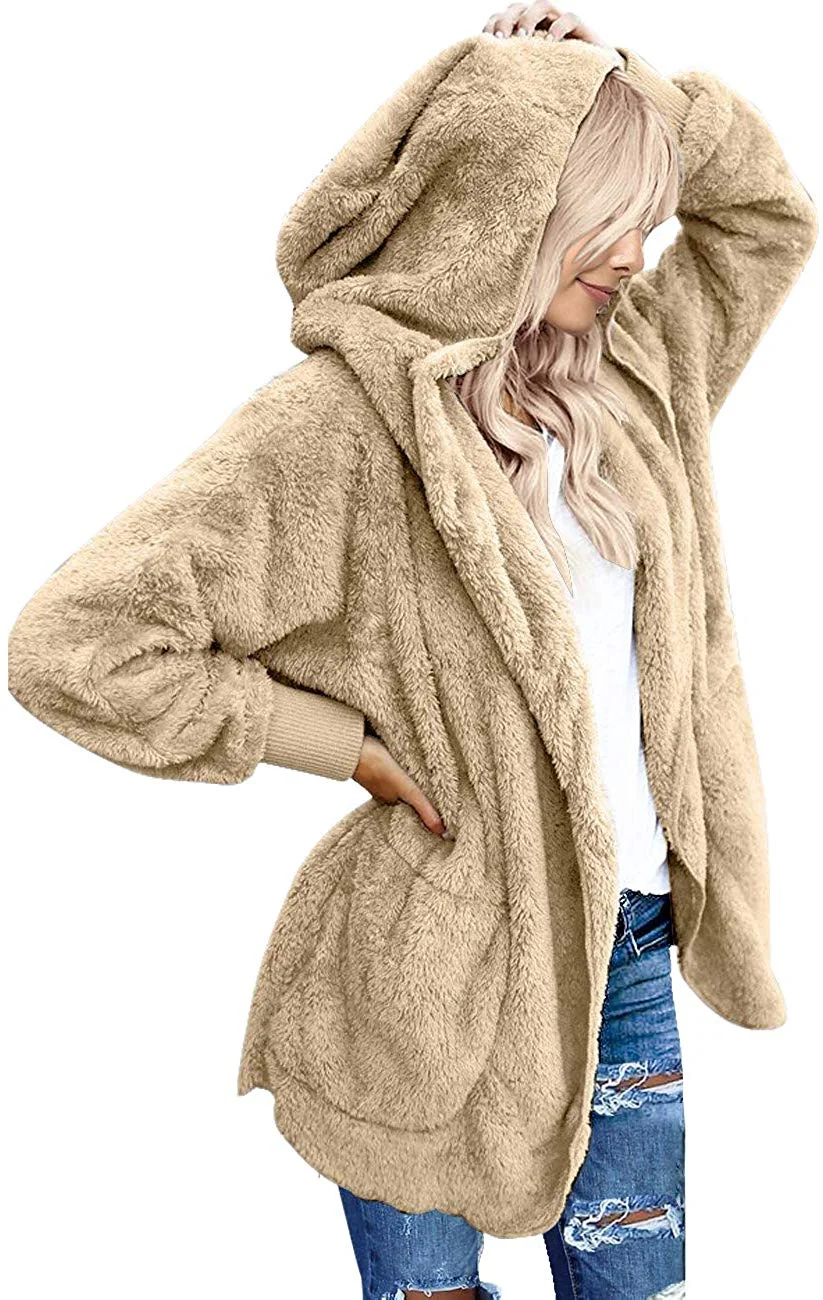 Women Casual Fuzzy Fleece Hooded Cardigan Pocket Faux Fur Outerwear Coat