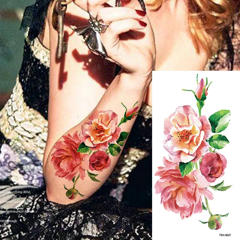 Sdrawing Transfer Pink Henna Rose Flower Temporary Tattoo Sticker Butterfly Pattern Body Art Waterproof Fake Woman's Flash Tattoo