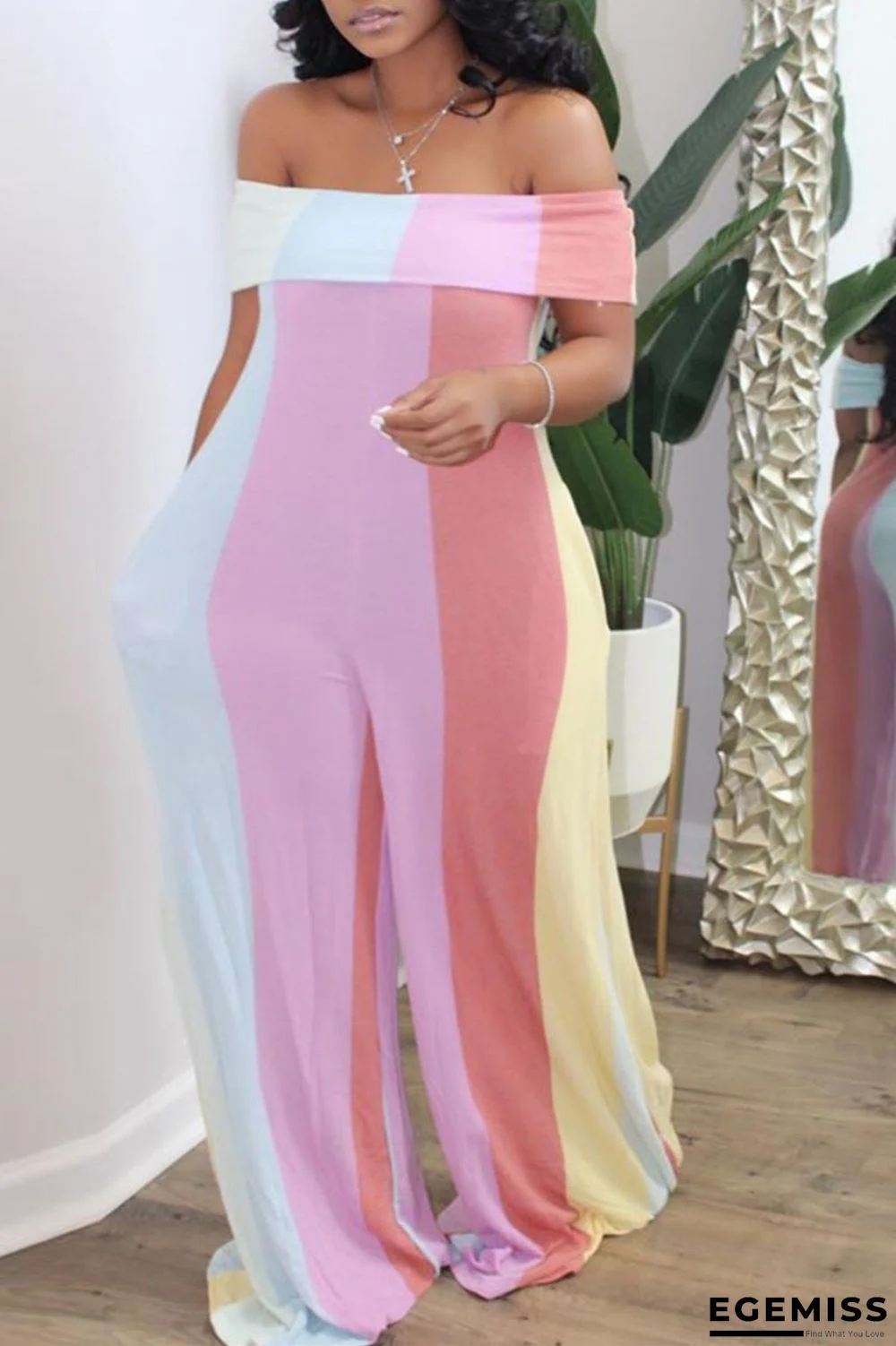colour Sexy Print Striped Blend Sleeveless one word collar Jumpsuits | EGEMISS